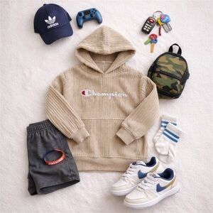 Champion Corduroy Hoodie Beige Tan textures Sweatshirt Logo Pullover youth s / 8